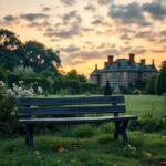 Flick International A tranquil garden outside a historic royal residence at sunset