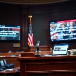 Flick International Empty podium with microphone symbolizing intense Senate debate on immigration policies