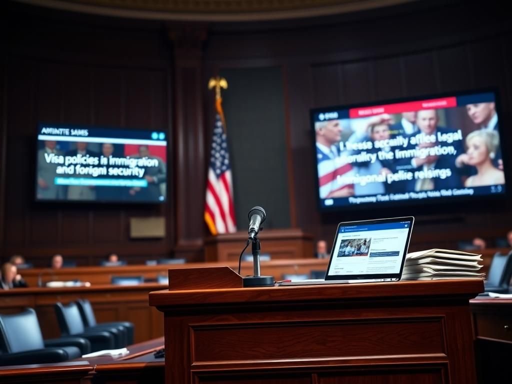 Flick International Empty podium with microphone symbolizing intense Senate debate on immigration policies
