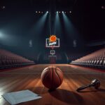 Flick International A dramatic basketball scene featuring a lone basketball at the center of an empty court, illuminated by a spotlight