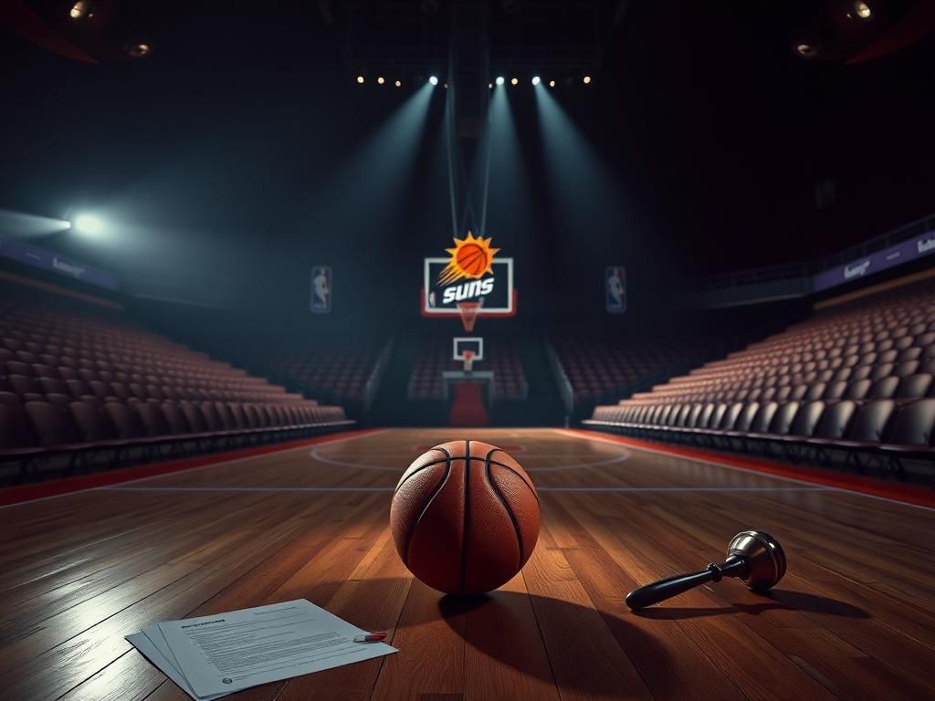 Flick International A dramatic basketball scene featuring a lone basketball at the center of an empty court, illuminated by a spotlight