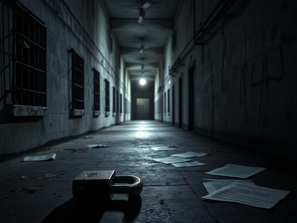 Flick International Dimly lit jail corridor with rusted metal bars and a broken padlock on the ground