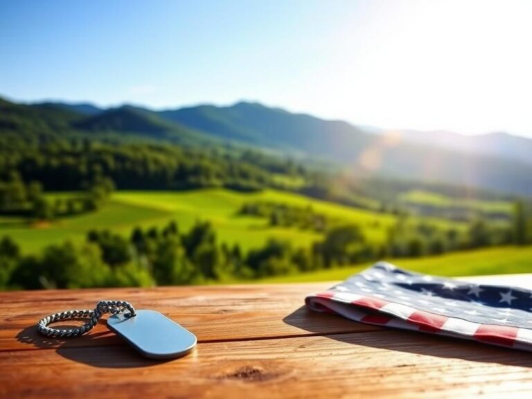 Flick International A serene landscape with military dog tags and an American flag symbolizing veterans' sacrifices