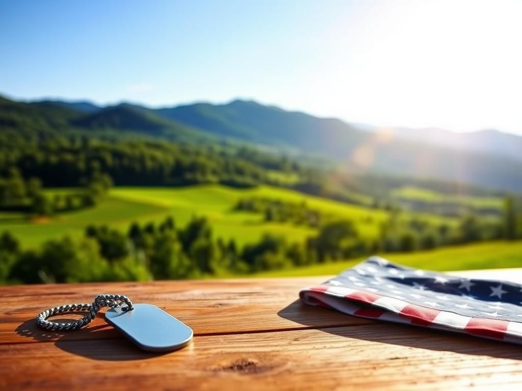 Flick International A serene landscape with military dog tags and an American flag symbolizing veterans' sacrifices