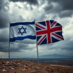 Flick International A dramatic landscape scene showing the contrast between Israeli and UK flags fluttering above rugged terrain symbolizing the West Bank.