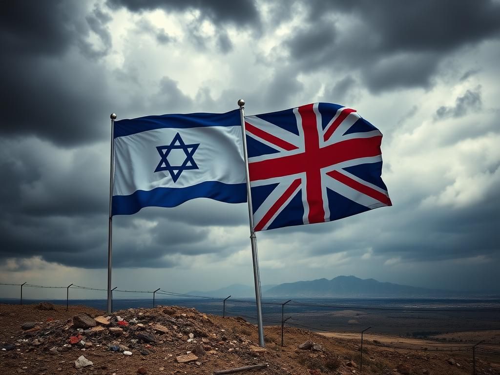 Flick International A dramatic landscape scene showing the contrast between Israeli and UK flags fluttering above rugged terrain symbolizing the West Bank.