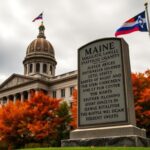 Flick International Autumn colors surround the Maine state capitol building, symbolizing justice and equality