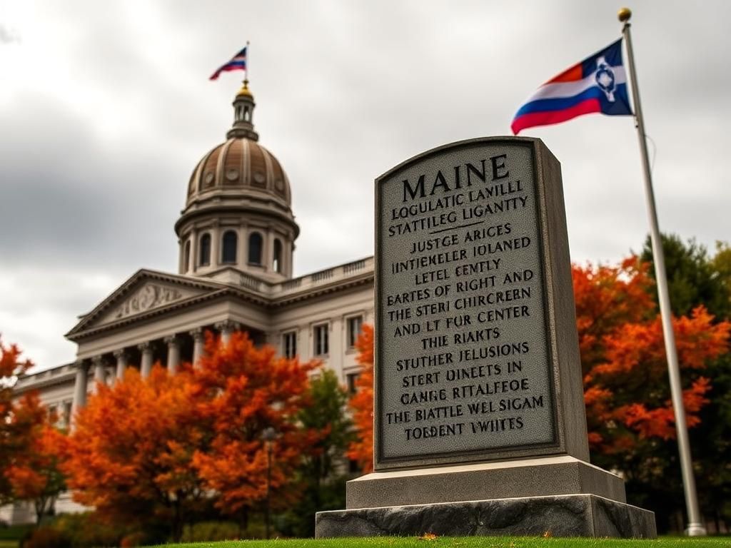 Flick International Autumn colors surround the Maine state capitol building, symbolizing justice and equality