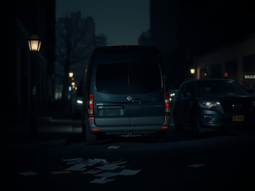 Flick International Unmarked black van parked on a dark street corner symbolizing immigration enforcement tension
