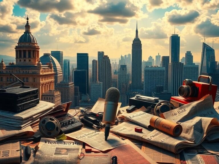 Flick International A collage symbolizing the intersection of comedy and politics with a vibrant city skyline