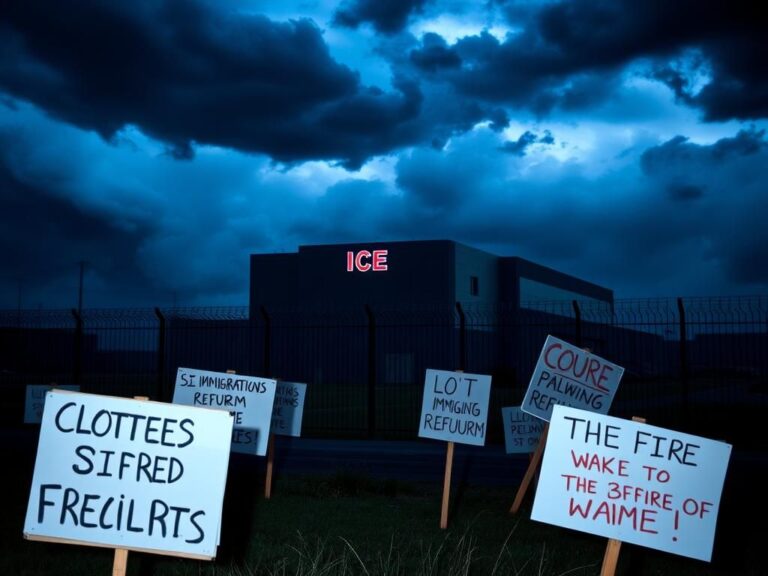 Flick International Dramatic scene outside an ICE facility with protest signs and stormy skies