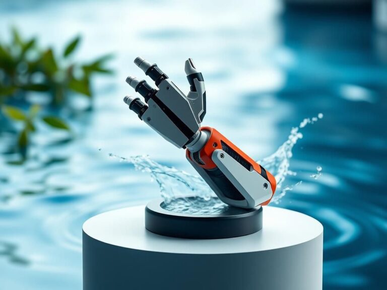 Flick International Close-up view of the Hero PRO bionic arm on a modern pedestal