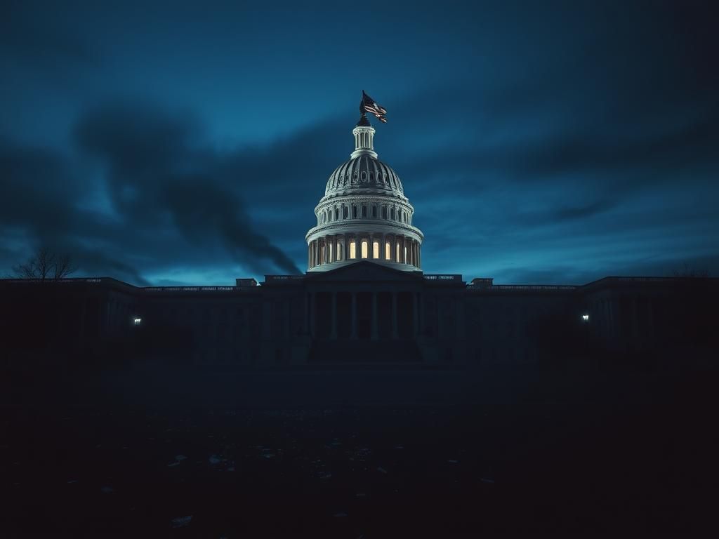 Flick International A serene twilight view of the U.S. Capitol building with broken glass on the steps, symbolizing events from the Capitol Riot.