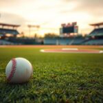 Flick International A shiny baseball resting on the grass of a baseball field at sunset, symbolizing Mike Trout's injury impact.