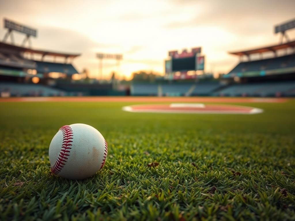 Flick International A shiny baseball resting on the grass of a baseball field at sunset, symbolizing Mike Trout's injury impact.
