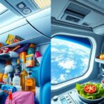 Flick International Airplane cabin interior with colorful travel accessories and a bottle of cologne next to the International Space Station kitchen