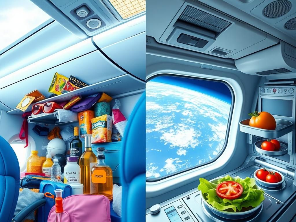 Flick International Airplane cabin interior with colorful travel accessories and a bottle of cologne next to the International Space Station kitchen