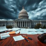 Flick International Grand exterior of the U.S. Capitol building under a stormy sky