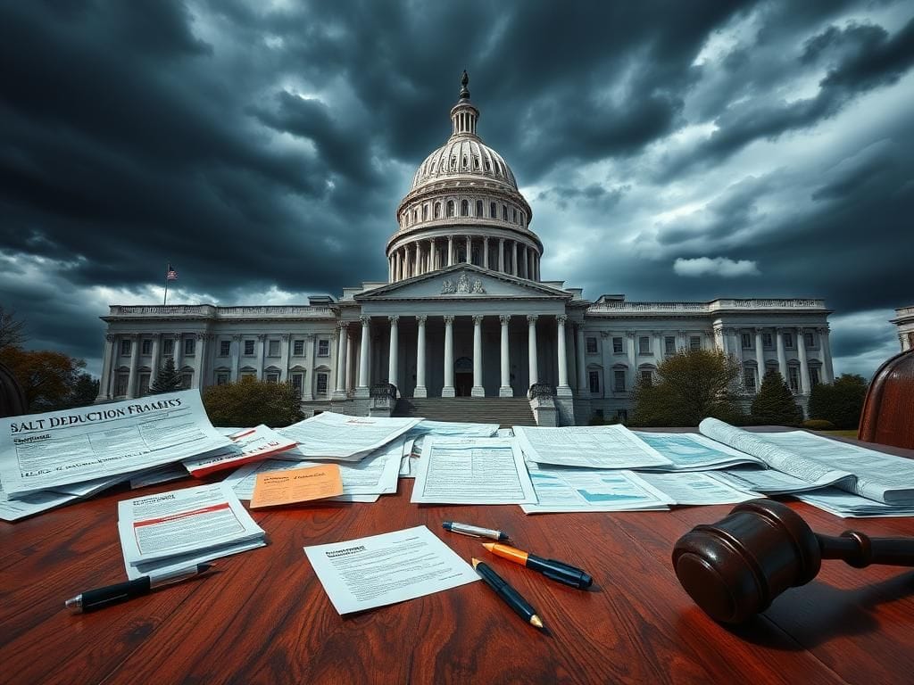 Flick International Grand exterior of the U.S. Capitol building under a stormy sky
