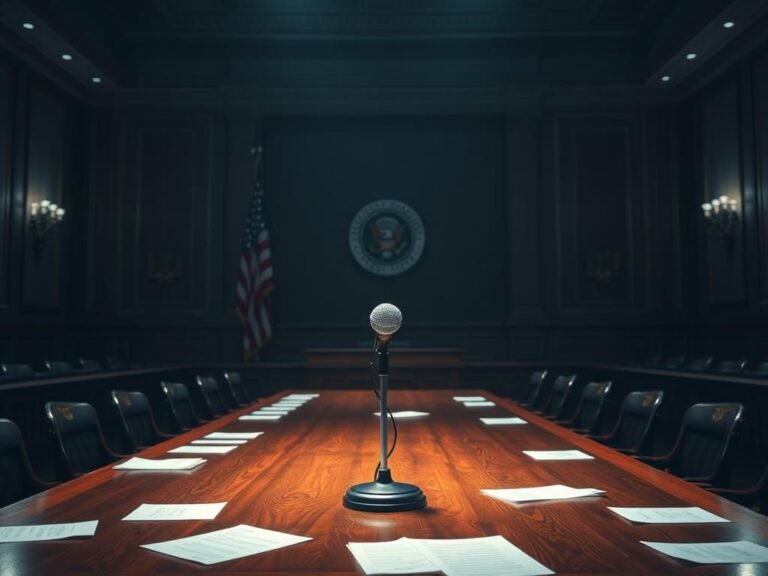 Flick International Tense political scene in U.S. Senate hearing room with microphone and U.S. flag
