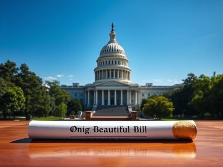 Flick International Grand view of the U.S. Capitol building under a blue sky with a document labeled 'One Big, Beautiful Bill' on an oak desk.