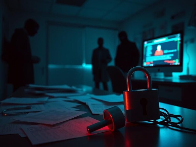 Flick International Dimly lit healthcare office with scattered medical records and a hacking interface on the computer screen