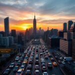 Flick International Aerial view of Manhattan showcasing busy streets filled with cars and a highlighted 'Congestion Pricing' sign