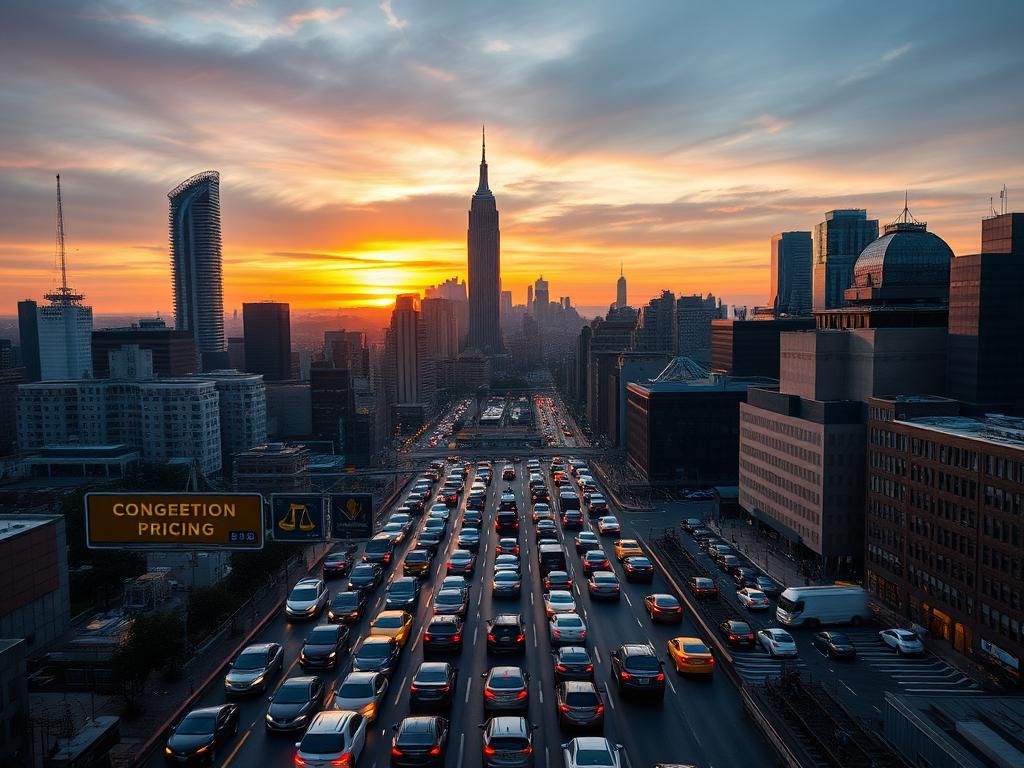 Flick International Aerial view of Manhattan showcasing busy streets filled with cars and a highlighted 'Congestion Pricing' sign