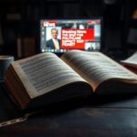 Flick International Open book on dark wooden table with political intrigue theme