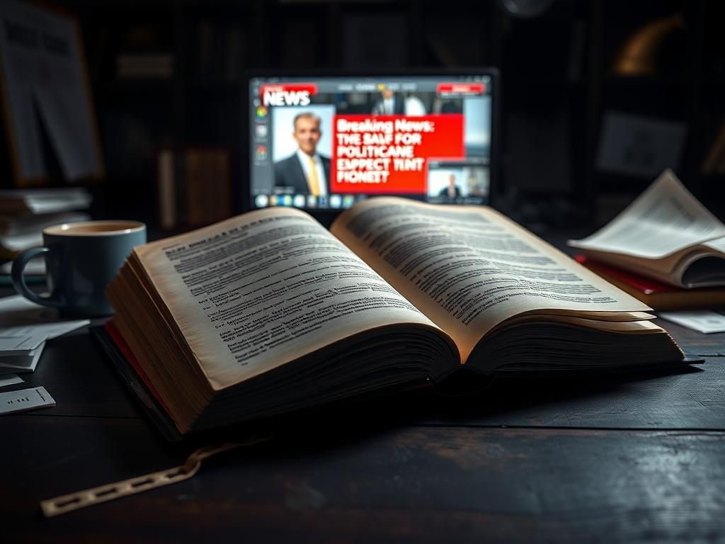 Flick International Open book on dark wooden table with political intrigue theme