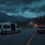 Flick International Scene of a tragic tour van crash near Yellowstone National Park with a crumpled van and damaged pickup truck on the roadside.