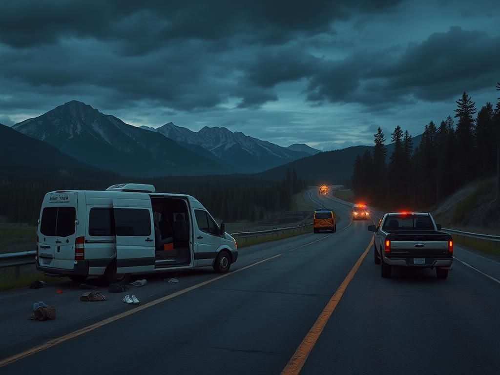 Flick International Scene of a tragic tour van crash near Yellowstone National Park with a crumpled van and damaged pickup truck on the roadside.