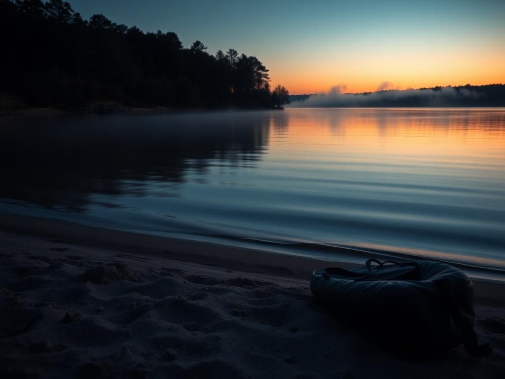 Flick International Serene view of Lake Lanier at twilight, featuring a pair of flip-flops and an inflatable kayak bag on the sandy shore