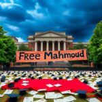 Flick International Vibrant graduation scene at Columbia University with a 'Free Mahmoud' banner