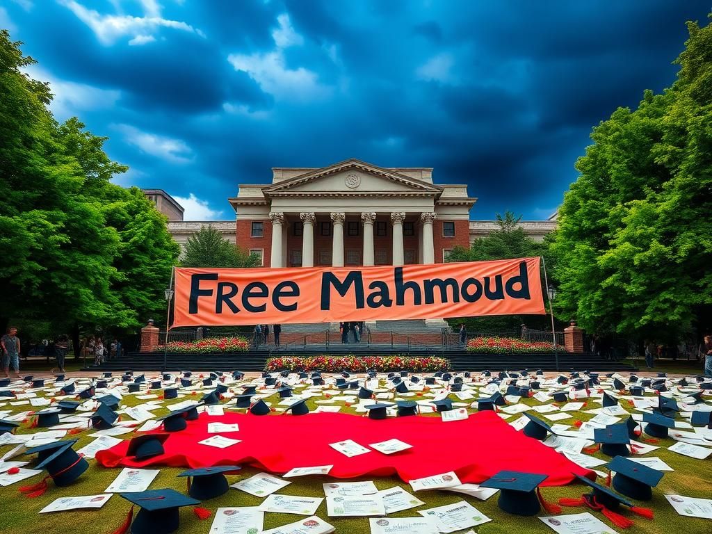 Flick International Vibrant graduation scene at Columbia University with a 'Free Mahmoud' banner