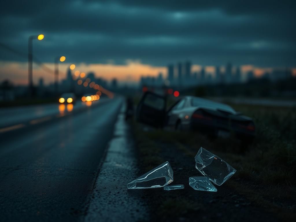 Flick International A dark, moody scene of a desolate highway with a crumpled car symbolizing the aftermath of a tragic DUI crash.