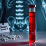 Flick International Abstract representation of a prostate cancer diagnosis with a blood test vial and x-ray background