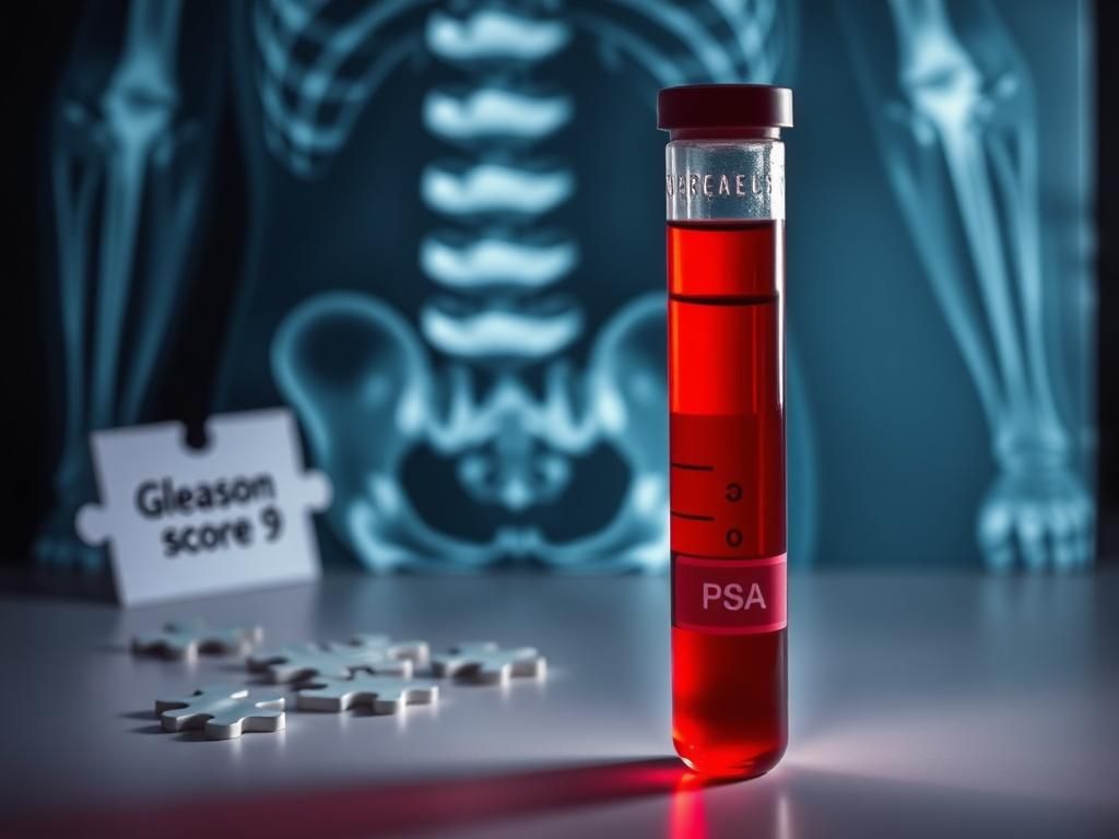 Flick International Abstract representation of a prostate cancer diagnosis with a blood test vial and x-ray background