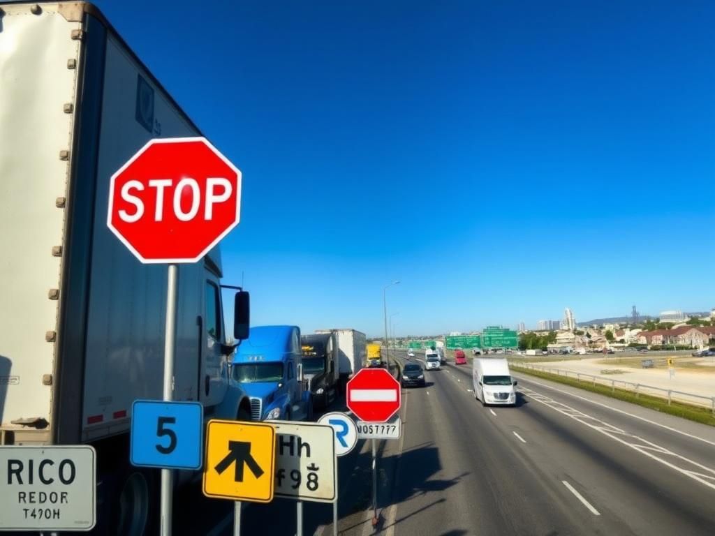 Flick International A busy highway with trucks parked, showcasing a prominent English 'STOP' sign