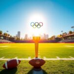 Flick International A vibrant football field under blue skies with an Olympic torch in the foreground