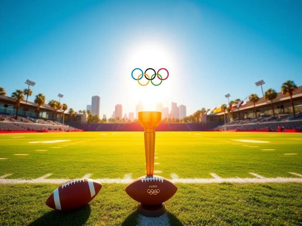 Flick International A vibrant football field under blue skies with an Olympic torch in the foreground