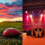 Flick International A split scene depicting a vibrant football field and a dynamic WWE ring, illustrating a journey from football to wrestling.