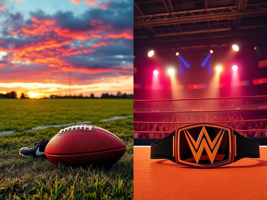 Flick International A split scene depicting a vibrant football field and a dynamic WWE ring, illustrating a journey from football to wrestling.