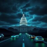 Flick International Dramatic scene of the Capitol building against a stormy sky with electric vehicles in the foreground