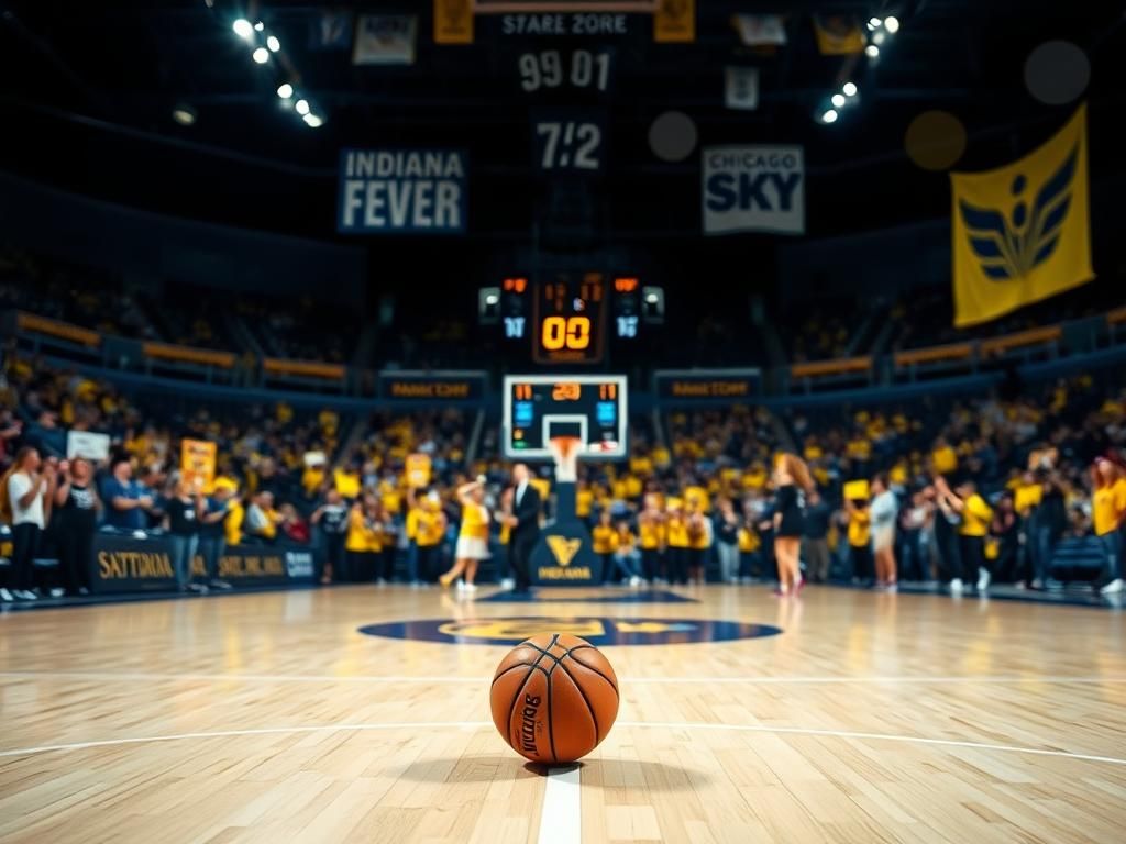 Flick International An abandoned basketball on a court illuminated by arena lights amidst a backdrop of cheering fans and vibrant banners.
