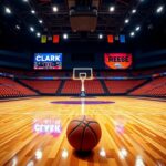 Flick International An empty basketball court with a basketball on the polished wooden floor