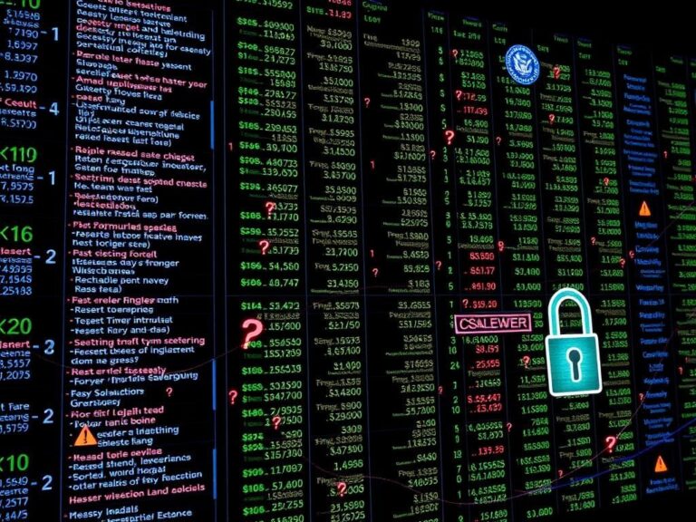 Flick International Visual representation of a complex governmental ledger with financial data and warning icons