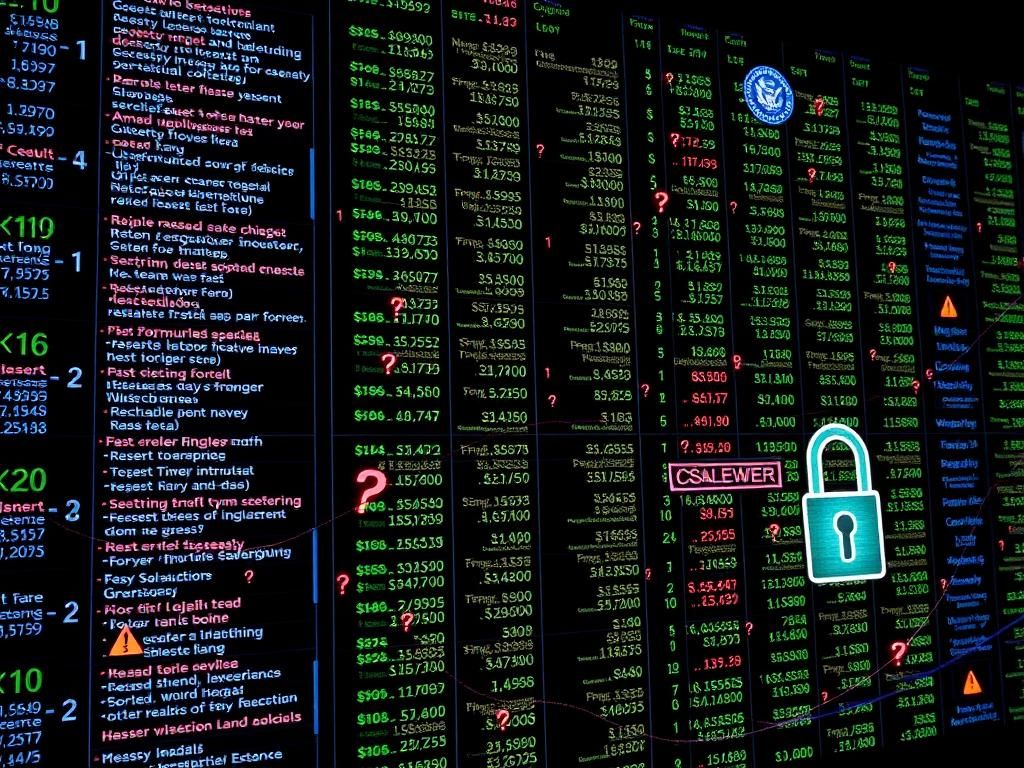 Flick International Visual representation of a complex governmental ledger with financial data and warning icons