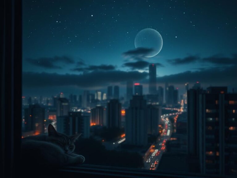 Flick International A serene urban skyline at night illustrating sleep deprivation themes