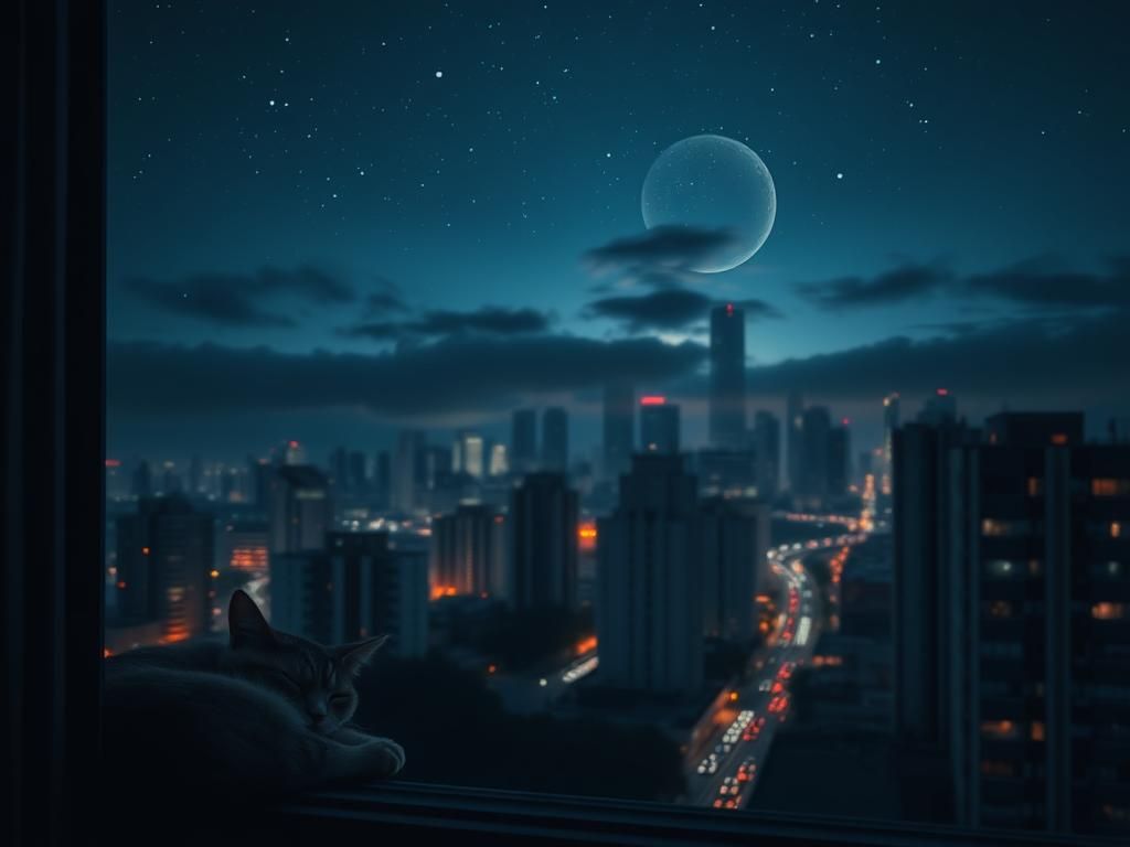 Flick International A serene urban skyline at night illustrating sleep deprivation themes